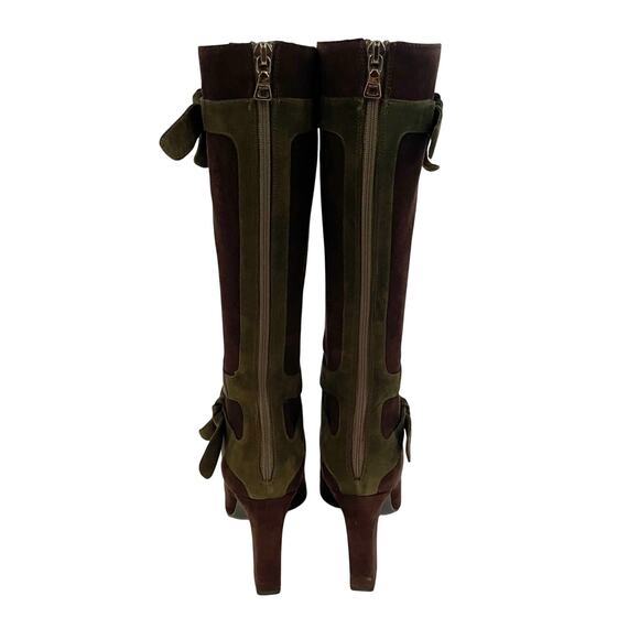 Vintage Prada Brown Green Suede Tie Strap Two-Tone Knee High Block Heel Boots 38 - Picture 7 of 12